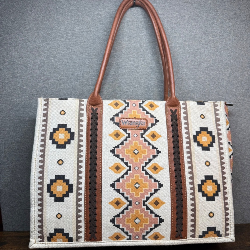 Wrangler Southwestern Canvas Tote Bag Large Aztec Print Faux Leather Trim Brown